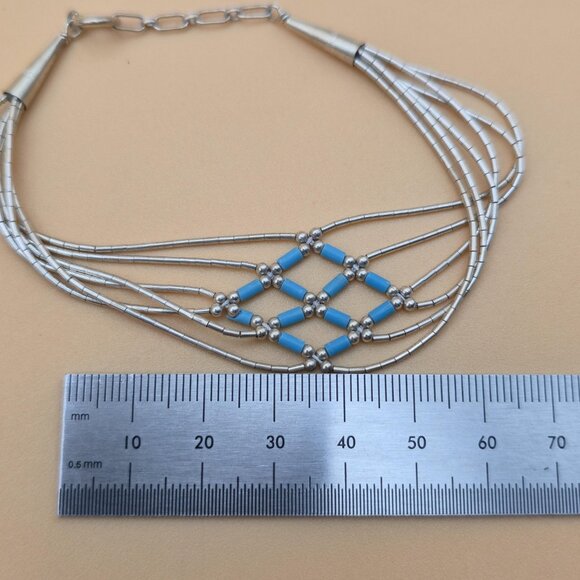 8 Inch Sterling Silver Turquoise Stone Pattern Liquid Silver Bracelet B711 - Picture 6 of 7
